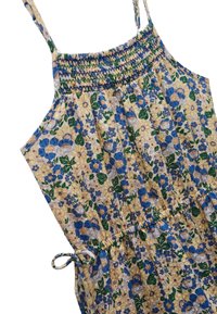 Robe fleurie arborant des fleurs bleues et jaunes sur un fond clair, avec un corsage froncé et des bretelles ajustables. Tissu doux au toucher.