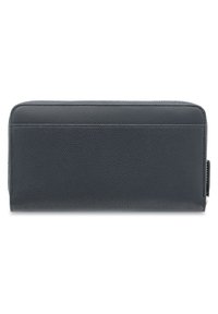 Dark gray leather wallet with a textured surface, a rectangular shape, and a zip closure, featuring a discreet exterior card slot.