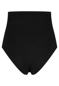 Panty neri a vita alta realizzati in un tessuto liscio ed elastico, con un design senza cuciture e senza elementi visibili.