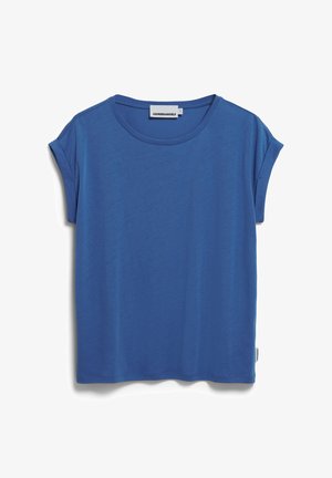 Blauw T-shirt met korte mouwen, gemaakt van zachte stof, met een ronde halslijn en een casual pasvorm. Etiket zichtbaar bij de halslijn en de onderrand.
