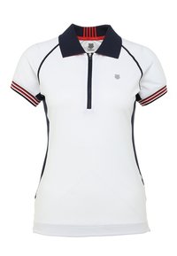 Biała koszulka polo z krótkim rękawem, czarnym kołnierzykiem, z przodu na pół zamek, czarnymi panelami bocznymi oraz rękawami z czerwono-biało-czarnymi paskami.