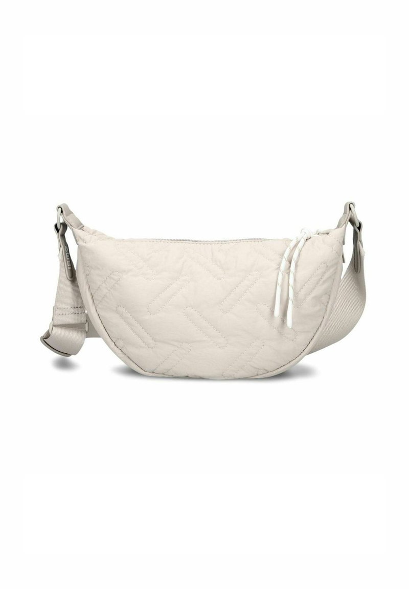 Borsa a tracolla trapuntata di colore crema con chiusura a zip, silhouette piatta, tracolla regolabile e cordoncini bianchi a contrasto. Texture liscia.