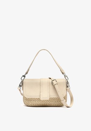 Väike beež käekott tekstureeritud punutud põhjaga, sile klapp, eemaldatav õlarihm ja ülemine käepide.