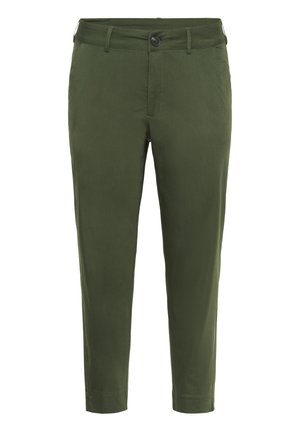 Pantalons en coton vert avec une coupe fuselée, dotés d'une fermeture à bouton à l'avant, de passants de ceinture et de poches latérales. Texture lisse et couleur unie.