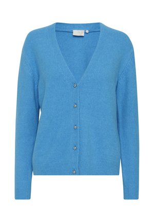Lichtblauwe cardigan van zachte stof, met een v-hals, lange mouwen en vijf zilveren knopen aan de voorkant. Geribbelde manchetten en onderrand.