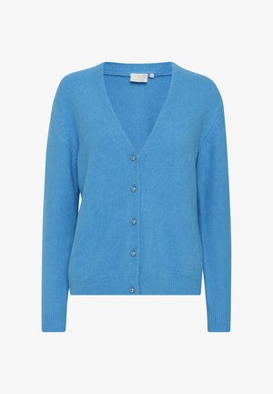 Cardigan bleu clair en tissu doux, avec un col en V, des manches longues et cinq boutons argentés sur le devant. Poignets et ourlet côtelés.