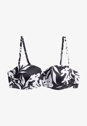 Schwarzer und weißer Blumendruck-Bikinitop. Glattes Material, gepolsterte Körbchen, verstellbare Träger, geraffte Seiten und ein Hakenverschluss am Rücken.