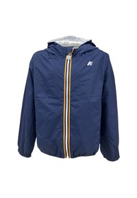 Giacca leggera blu navy con cappuccio, dotata di una zip frontale con accenti gialli, rossi e bianchi e polsini elasticizzati.
