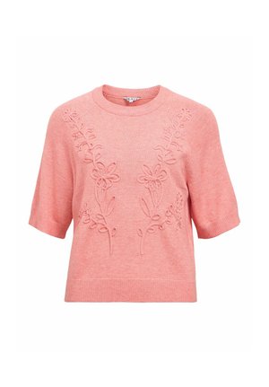 Pull en tricot rose à manches courtes avec poignets et ourlet côtelés, orné d'une broderie florale en relief à l'avant.