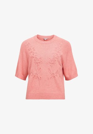 Pull en tricot rose à manches courtes avec poignets et ourlet côtelés, orné d'une broderie florale en relief à l'avant.