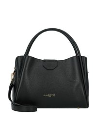 Borsa a tracolla in pelle nera con finitura testurizzata, manici arrotondati, una tracolla rimovibile e chiusura a pattina magnetica. Logo dorato sul davanti.