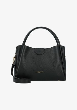 Zwarte leren handtas met een gestructureerde afwerking, ronde handvatten, een afneembare schouderband en een magneetsluitingen. Gouden branding aan de voorkant.