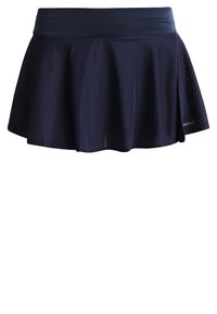 Falda deportiva azul marino hecha de tela de malla transpirable, con un diseño acampanado y detalles perforados en el dobladillo. Logo en un lateral.