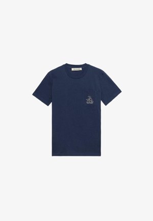 Navyblaue Baumwoll-T-Shirt mit kurzen Ärmeln, Rundhalsausschnitt und kleiner Brusttasche mit gesticktem Logo. Weicher Stoff, lässiges Design.