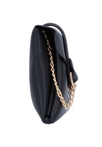 Black textured handbag with a structured shape, featuring a gold chain strap and a fold-over top detail.