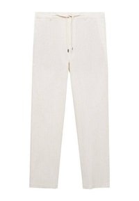 Light beige pants with a relaxed fit, featuring vertical pinstripes, a drawstring waistband, and smooth fabric texture.