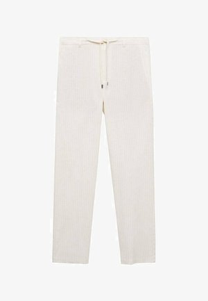 Jasno beżowe spodnie o luźnym kroju, z pionowymi prążkami, elastycznym paskiem na sznurku i gładką fakturą materiału.