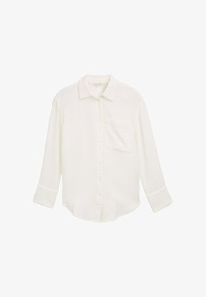 Witte, lange mouwen, knoopsluiting blouse van textuurstof. Bevat een borstzak en een afgeronde onderrand met een ontspannen pasvorm.