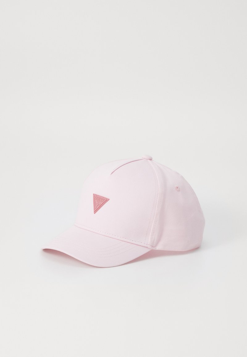 Rožinė beisbolo kepurė su išlenktu kraštu; pagaminta iš minkštos medžiagos; priekyje yra trikampio logo emblema; paprastas, vientisas dizainas.