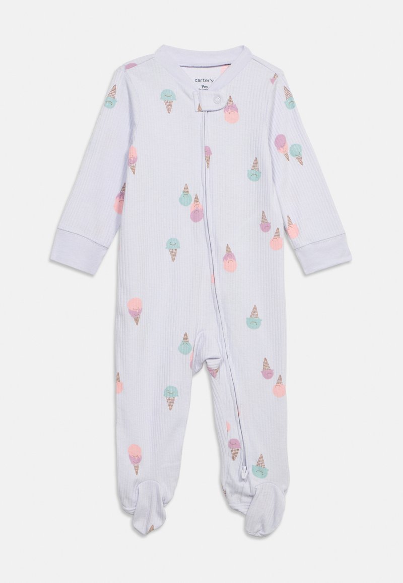 Λευκό βρεφικό υπνοφόρεμα με παστέλ σχέδια παγωτού σε σχήμα κώνου και φερμουάρ μπροστά που εκτείνεται στο αριστερό πόδι, μακρυά μανίκια και κλείσιμο με κουμπιά στον γιακά.