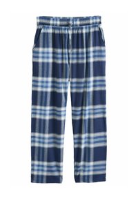 Pantalon à carreaux bleu marine et bleu clair avec une taille élastique, deux poches latérales et une coupe décontractée. Fabriqué en tissu doux avec une texture lisse.