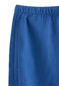 Tessuto blu con una superficie liscia e vita elasticizzata. Dotato di una tasca laterale. Design semplice, non decorato, senza hardware visibile.