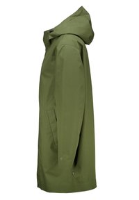 Olive green waterproof jacket with a hood, side pockets, a straight cut, and a smooth texture. Features minimal branding on the hem.