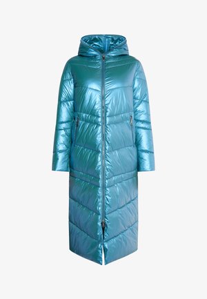 Cappotto imbottito lungo con cappuccio di un brillante blu acqua, caratterizzato da un motivo a quadri, con zip frontale e due tasche laterali.