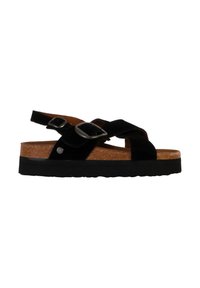 Sandalias de ante negro con tiras cruzadas y hebillas ajustables, con una plantilla de corcho y una suela de goma negra.