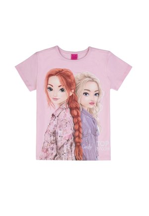 Light pink short-sleeve shirt with two animated girls back to back, one with red braided hair, the other with blonde hair, labeled "Lucy" and "Candy."
