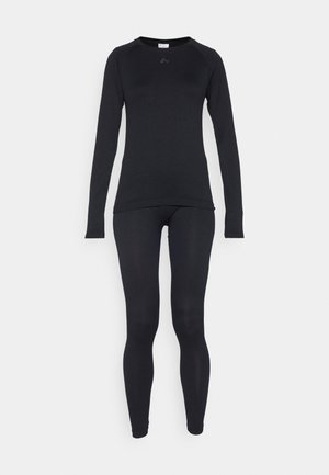 Black long-sleeve top and leggings set made from stretchy fabric. Features a round neckline and fitted design, suitable for active wear.