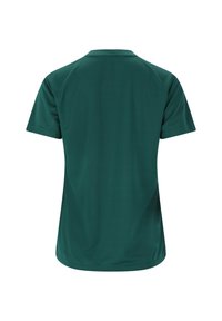 Kortærmet T-shirt i mørkegrønt stof, med en rund halsudskæring og glat, let skinnende tekstur med en normal pasform.