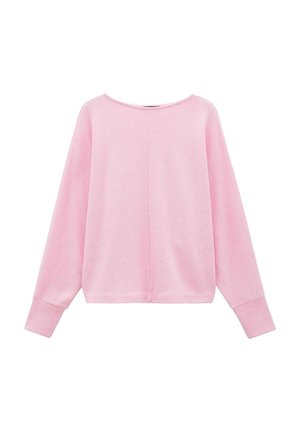 Light pink pullover sweatshirt with a relaxed fit, wide round neckline, long sleeves, and ribbed cuffs. Soft cotton fabric texture.