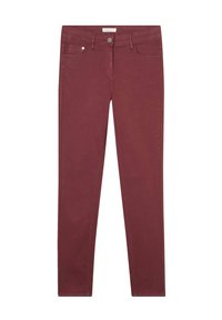 Jean skinny bordeaux en tissu mélangé de coton, avec une fermeture à bouton sur le devant, cinq poches et des accents de couture subtils.
