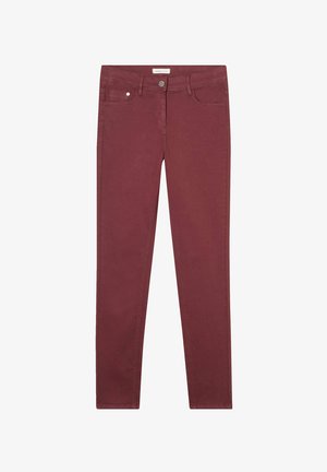 Burgunderfarbene Skinny Jeans aus Baumwollmischgewebe mit einem Frontknopfverschluss, fünf Taschen und dezenten Steppnähten.