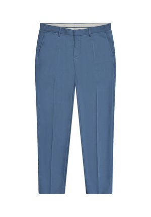 Blauwe formele broek met riemlussen, voorzakken en gestreken plooien, plat uitgespreid op een witte achtergrond.