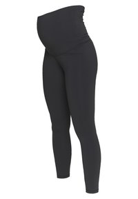 Leggings de maternidade pretos com uma cintura alta e franzida, feitos de tecido elástico para conforto e um ajuste justo.