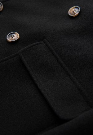 Tissu de manteau en laine noire avec deux grands boutons et une poche à rabat, au toucher lisse et au design ajusté.