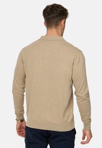 Pull en tricot beige à manches longues avec un col plat, des poignets et un ourlet côtelés. Présente une texture lisse et une coupe ajustée. Vue de dos montrée.