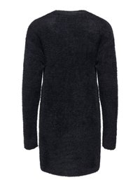 Mustast udusest materjalist pikkade varrukatega kampsun-kleit, mis on ümarakaelusega, nähtav tagantvalgel taustal.