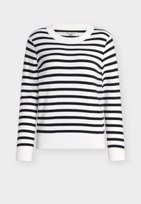 Maglione a righe bianche e nere, con scollo rotondo e polsini a costine, realizzato in tessuto morbido con vestibilità comoda.