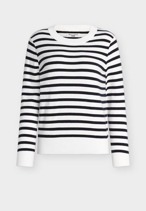 Πλεκτό πουλόβερ με ασπρόμαυρες ρίγες, με ριμπ ύφανση στο στρογγυλό λαιμό και τις μανσέτες, κατασκευασμένο από μαλακό ύφασμα με άνετη γραμμή.