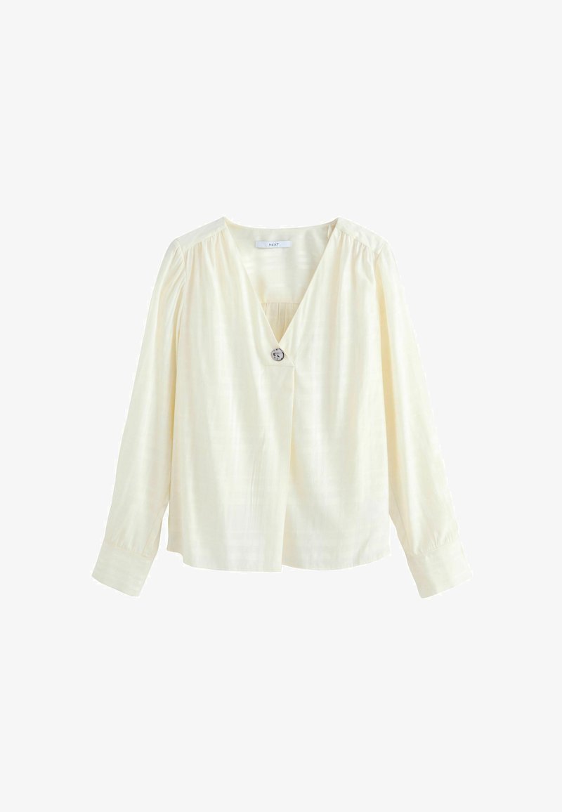 White, long-sleeve blouse with a V-neck and button detail, featuring subtle texture and gathered shoulder seams for a relaxed fit.