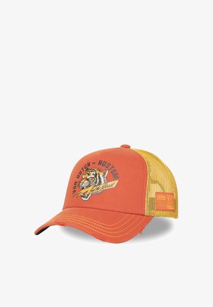 Gorra de camionero naranja y amarilla con un gráfico de tigre y el texto «Von Dutch - Kustom Just the Beast» en el frente, parte trasera de malla amarilla y visera cosida.