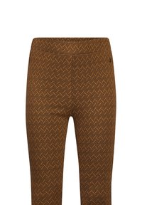 Bruine broeken met een visgraatpatroon, een gladde textuur en een elastische tailleband voor een comfortabele pasvorm en beweging.