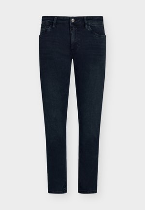 Dunkelblaue Jeans aus Denim mit schmalem Schnitt, Fünf-Taschen-Design, Knopfverschluss und minimaler Ausbleichung. Flacher Vorderteil und schmale Saumöffnungen.