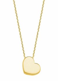Złoty naszyjnik z gładkim, wypolerowanym sercowym wisiorkiem zawieszonym na środku na białym tle.