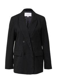 Blazer nero doppiopetto con rever a contrasto, due tasche frontali e bottoni neri. Tessuto con trama, vestibilità su misura e interno foderato.