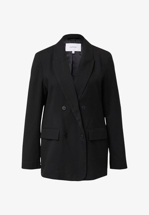 Czarna dwurzędowa marynarka z klapami, dwiema przednimi kieszeniami i czarnymi guzikami. Teksturowana tkanina, dopasowany krój oraz podszewka.