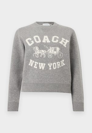 Szary sweter z okrągłym dekoltem z napisem "COACH" i "NEW YORK" oraz grafiką konnej powozu w białym kolorze na przodzie.